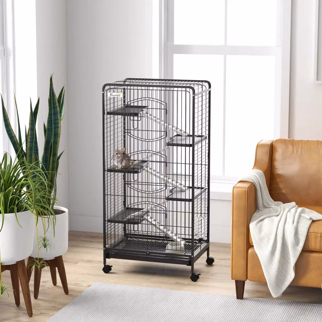 Gabbia per piccoli animali Giordanoshop con ruote, rampe e accessori, colore nero, H: 131 cm, L: 61,5 cm, P: 44 cm – 2