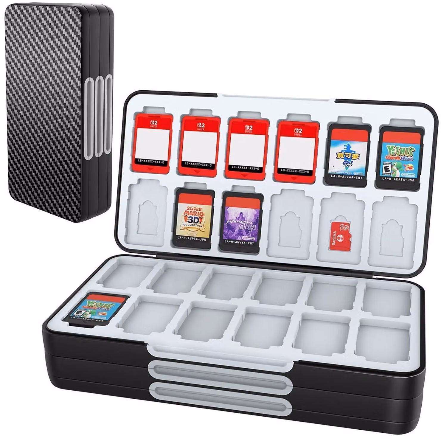 Custodia per schede di gioco per Nintendo Switch 2/OLED/Lite, con 72 slot e 24 slot per schede Micro SD, in fibra di carbonio, colore nero