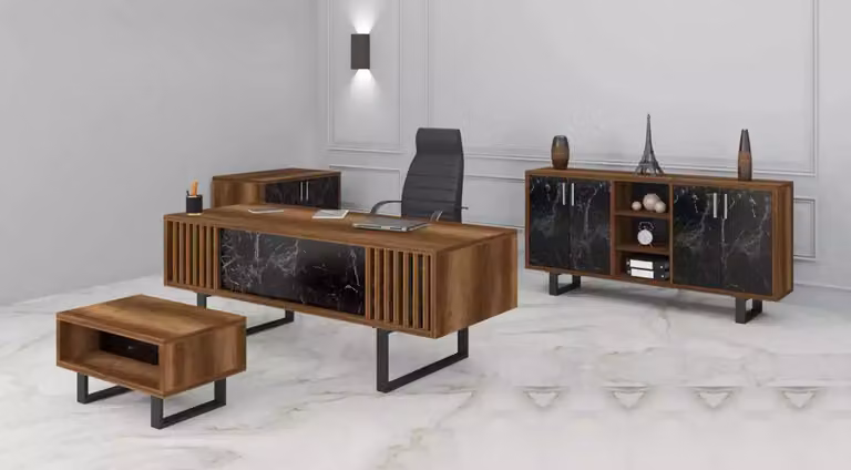 Schreibtisch Büro Set Einrichtung mit Marmor Optik Tisch Büro Schrank 4tlg.