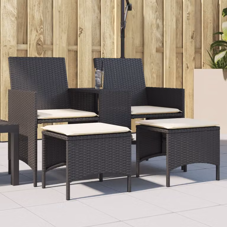 Set da giardino vidaXL composto da divano da esterno a 2 posti, tavolino da caffè e pouf, con struttura in metallo e sedute imbottite in tessuto resistente ai raggi UV, colore nero e bianco