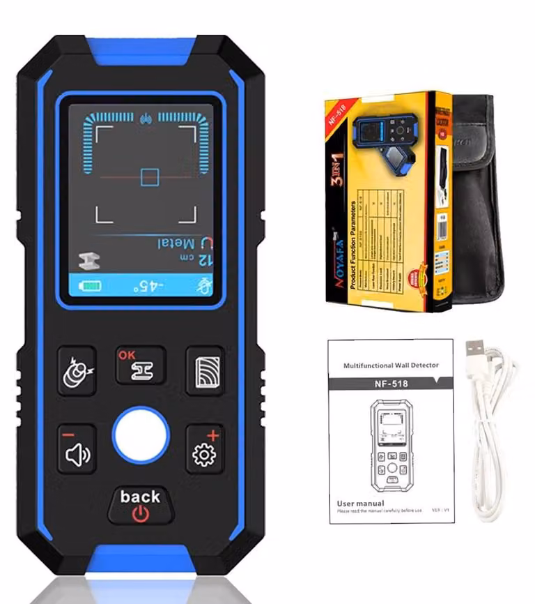 Scanner da parete, rilevatore di cavi e travi - NF-518 - Multifunzione - Metallo/legno/cavi elettrici (CA) - Ricaricabile - Display LCD - Batteria inclusa