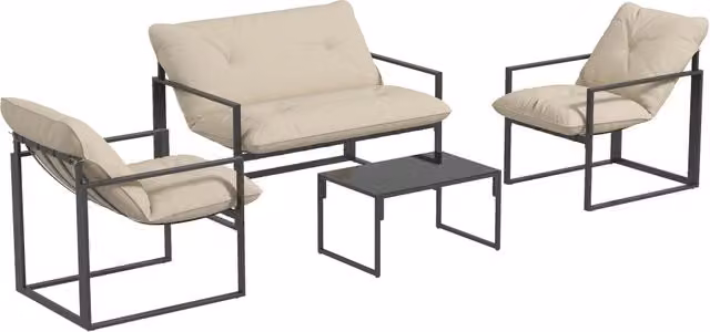 Set di mobili da giardino; 1 tavolo di vetro; 2 poltrone. 1 divano; impermeabile; 114 cm x 70 cm x 67 cm; grigio+beige