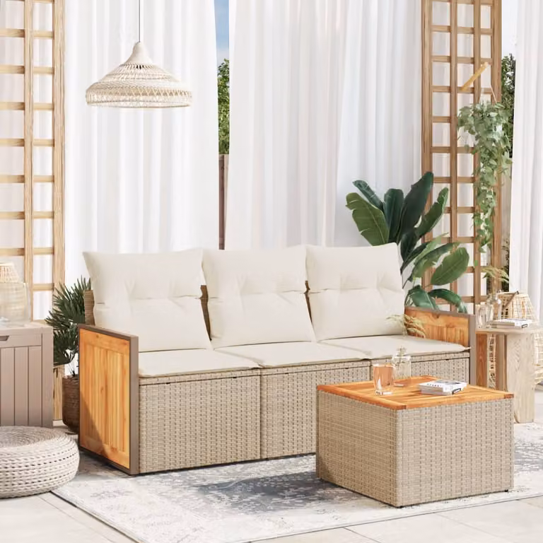 Set Divano da Giardino 4 pz vidaXL in Polyrattan con Cuscini Beige e Tavolino da Esterno