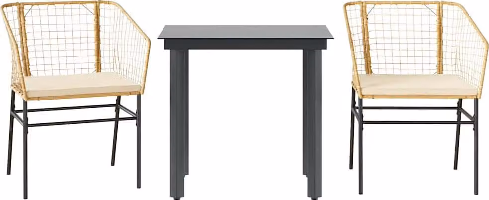 Set da Pranzo da Giardino 3pz con Cuscini Polyrattan Vetro