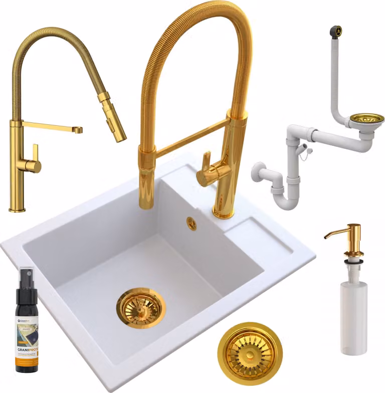 Granitan - Lavello in granito - Lavello da cucina - 50x40 cm - Bianco - con rubinetteria FULL GOLD e dispenser per sapone - BEST