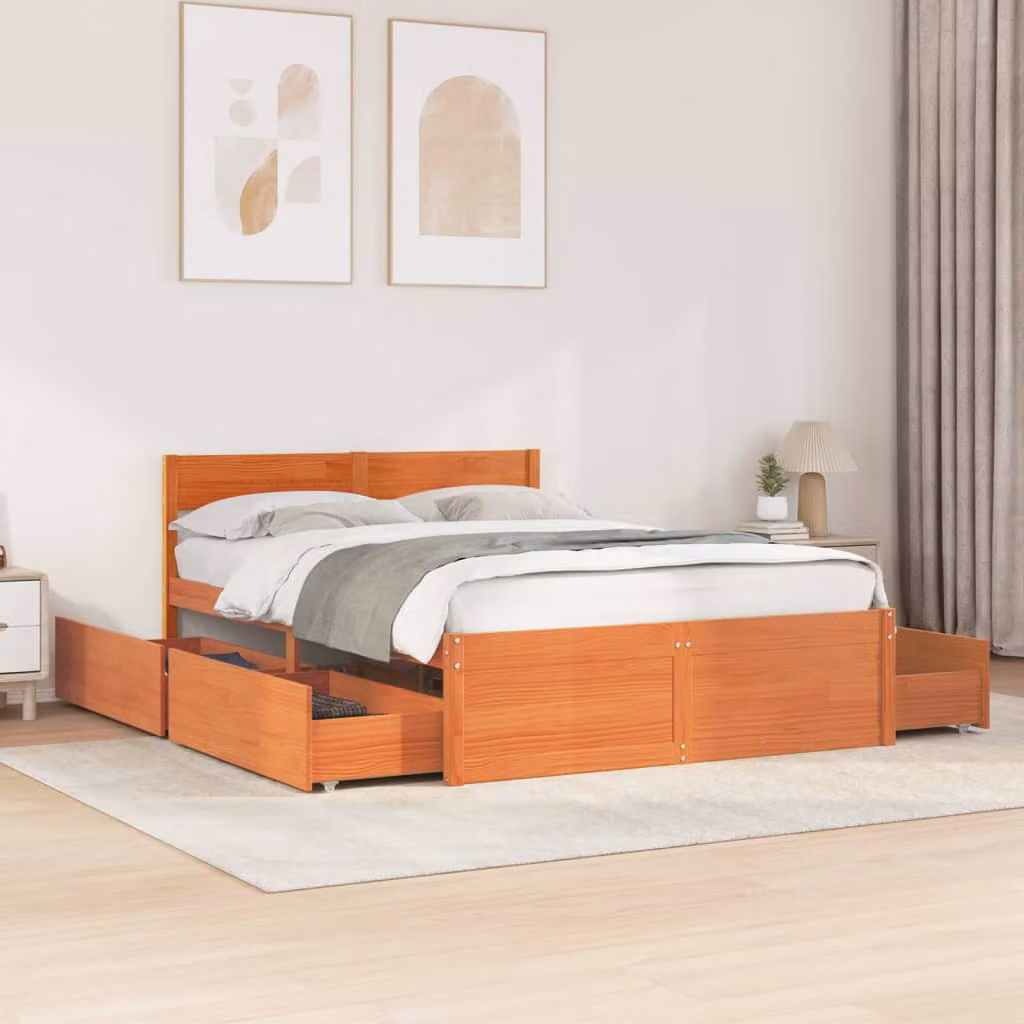Letto senza Materasso vidaXL in Legno di Pino Marrone Cera L: 140 cm, P: 190 cm