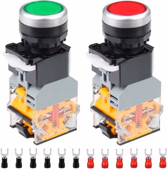 220 V, pulsante a impulso da 22 mm, 10 A, 2 colori (rosso/verde), LA38-11DN, 1 contatto di apertura, 1 contatto di chiusura, indicatore LED - Set da 2 con 20 morsetti a forcella