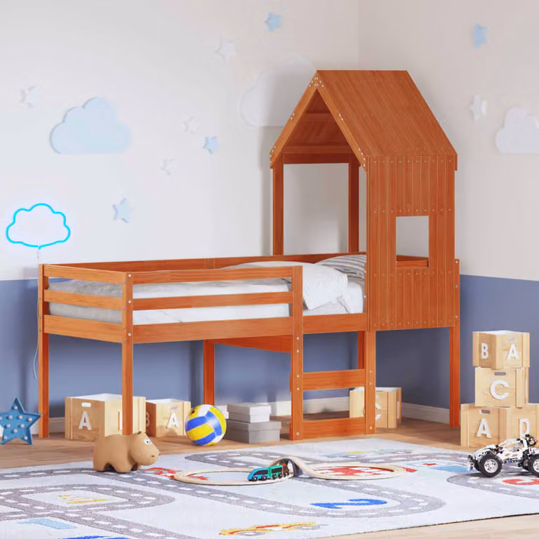 vidaXL Letto a Soppalco per Bambini con Tetto a Casetta in Legno di Pino Marrone Cera L 90 x P 200 cm
