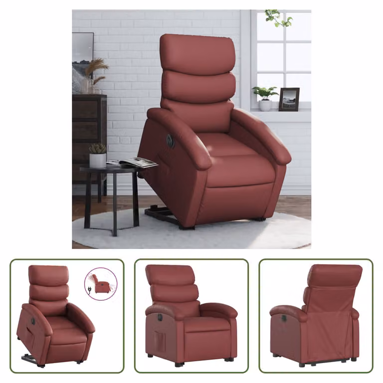 The Living Store Poltrona relax con supporto elettrico in ecopelle rosso vino