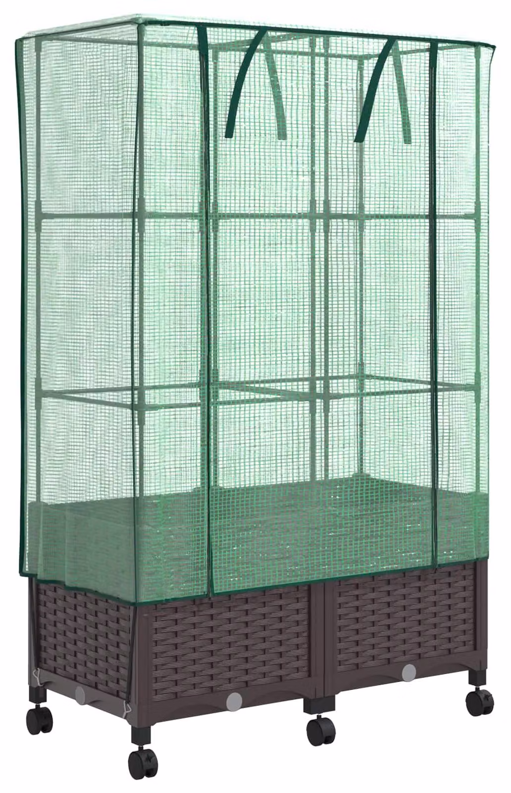 Due vasi da giardino con copertura per serra e ruote, colore marrone