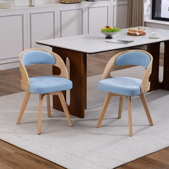Sedia da pranzo girevole a 360 gradi MIVRAY in lino blu con gambe in legno di faggio e seduta imbottita