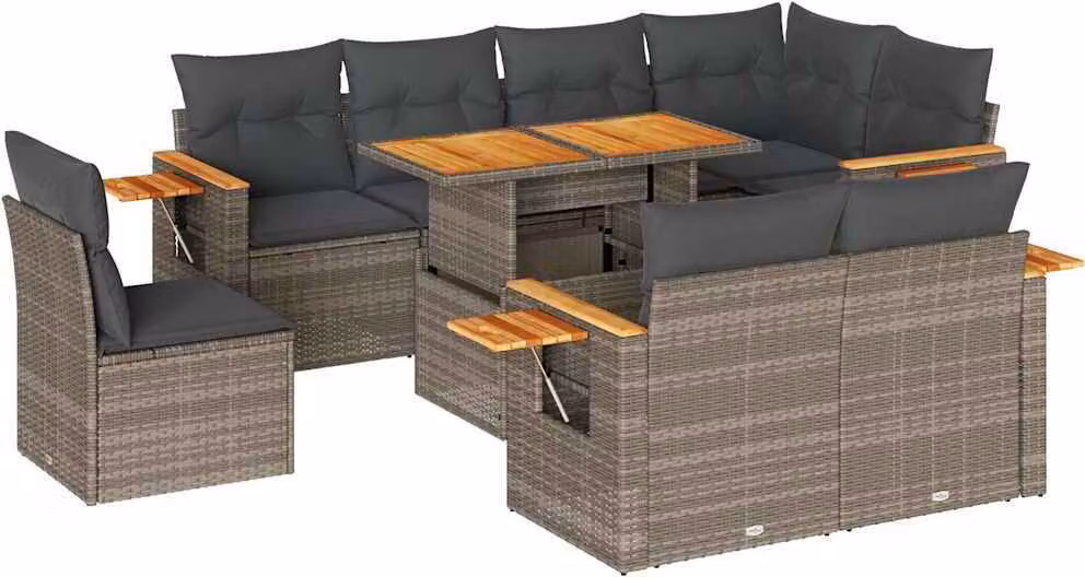 Set Divano da Giardino 9pz con Cuscini Grigio Polyrattan Acacia
