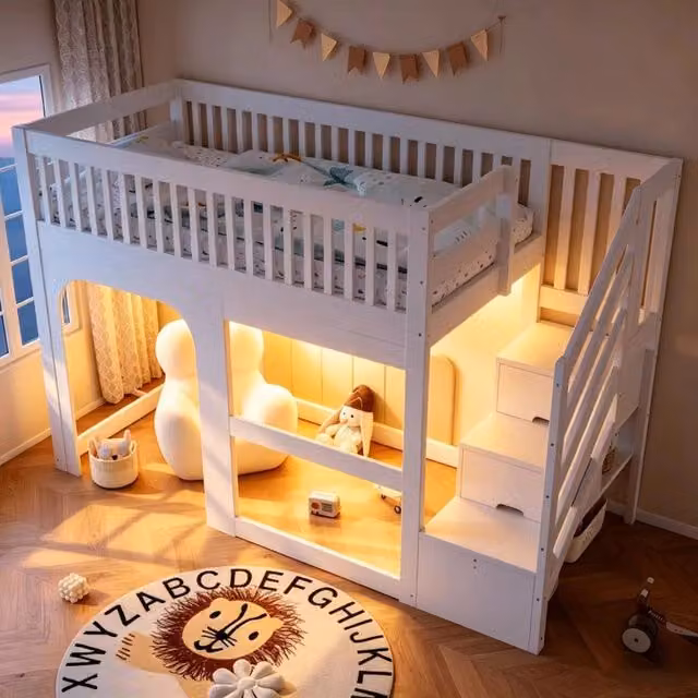 Letto a soppalco per bambini ¨C Minimal ¨C 90x200 cm bianco con led scala struttura rete a doghe spazio contenitore