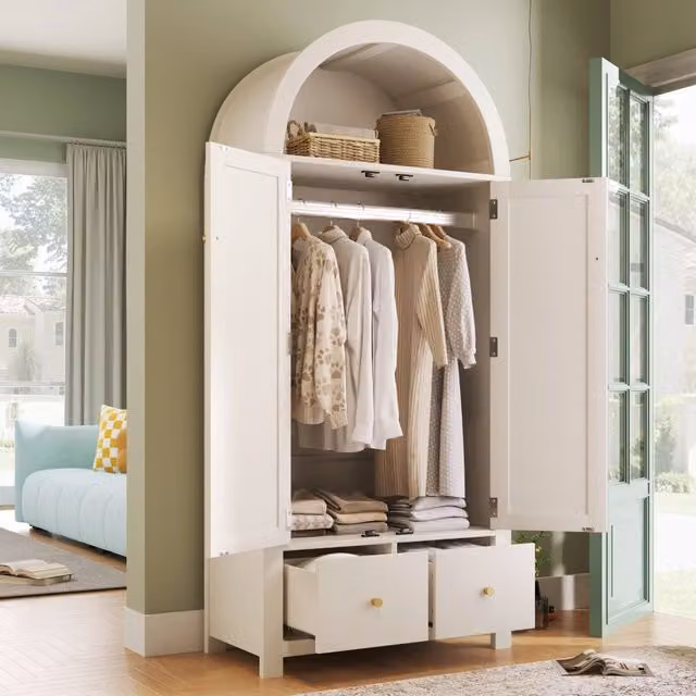 Armadio guardaroba WISHDOR in legno bianco con 2 ante, 2 cassetti, vano aperto e asta appendiabiti, L/P/H: 78 x 45 x 181 cm
