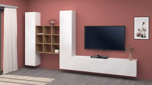 Parete attrezzata Talka WH Shopinnotivo bianca con mobile TV sospeso, libreria e armadietti moderni in finitura lucida