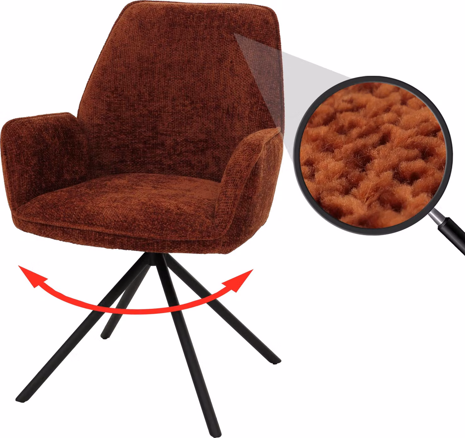 Sedia da pranzo HWC-G67, sedia da cucina, sedia con braccioli, girevole, con sistema di blocco automatico, in chenille, certificata ~ rossa