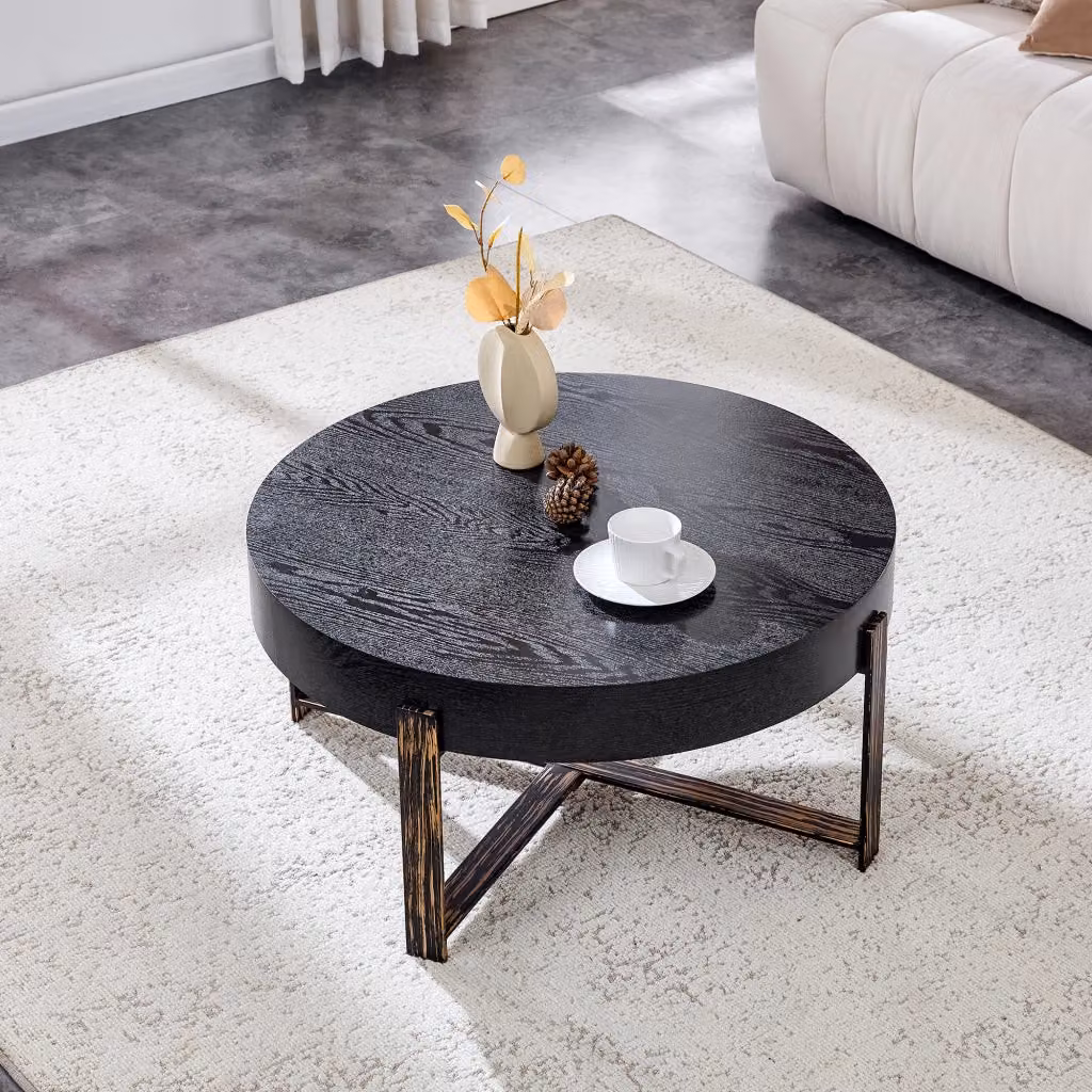 Tavolino da salotto rotondo Zephmum in stile industriale con piano in MDF nero e struttura in metallo bronzo antico, Diametro: 68 cm, Altezza: 36 cm – 2