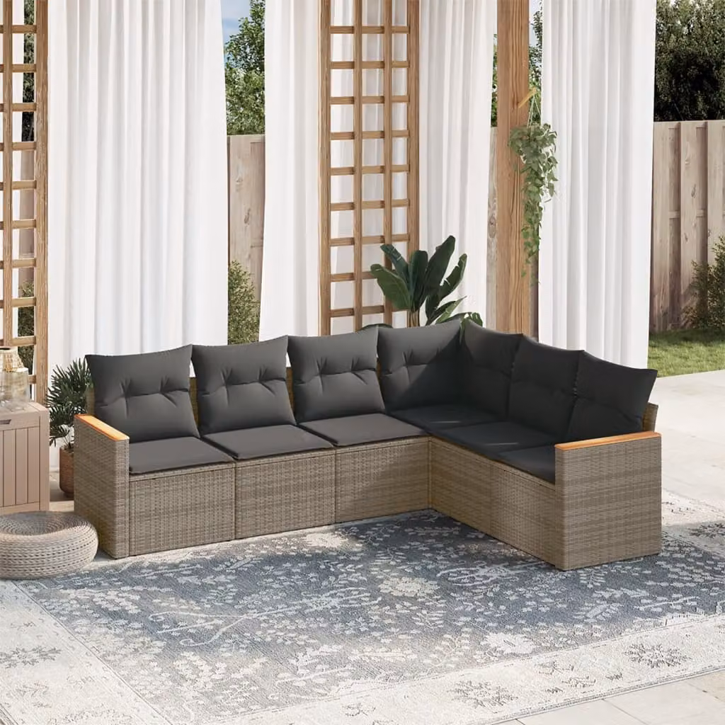 vidaXL Set Divano da Giardino a L 6 pz in Polyrattan Grigio con Cuscini Imbottiti e Rivestimenti Rimovibili – 1