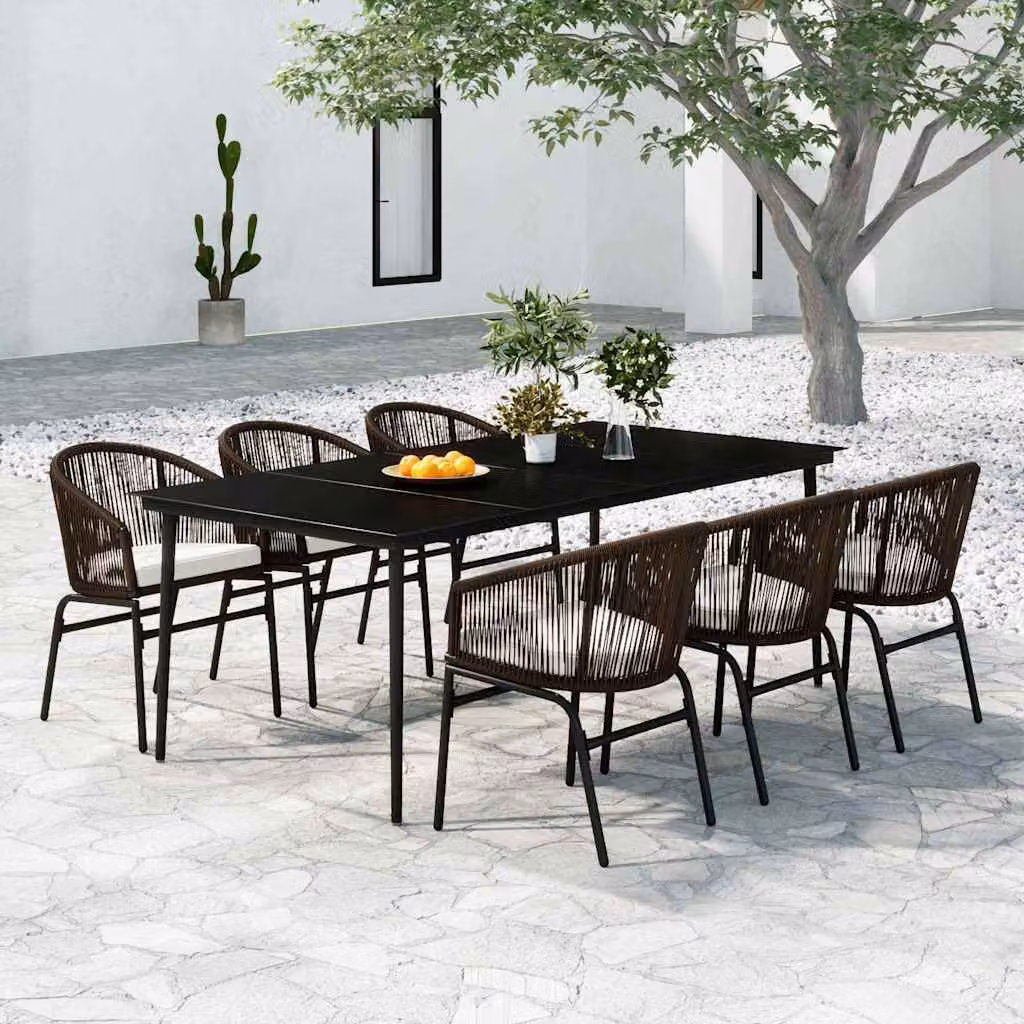 Set da pranzo da giardino vidaXL in acciaio marrone con tavolo in vetro e 7 pezzi