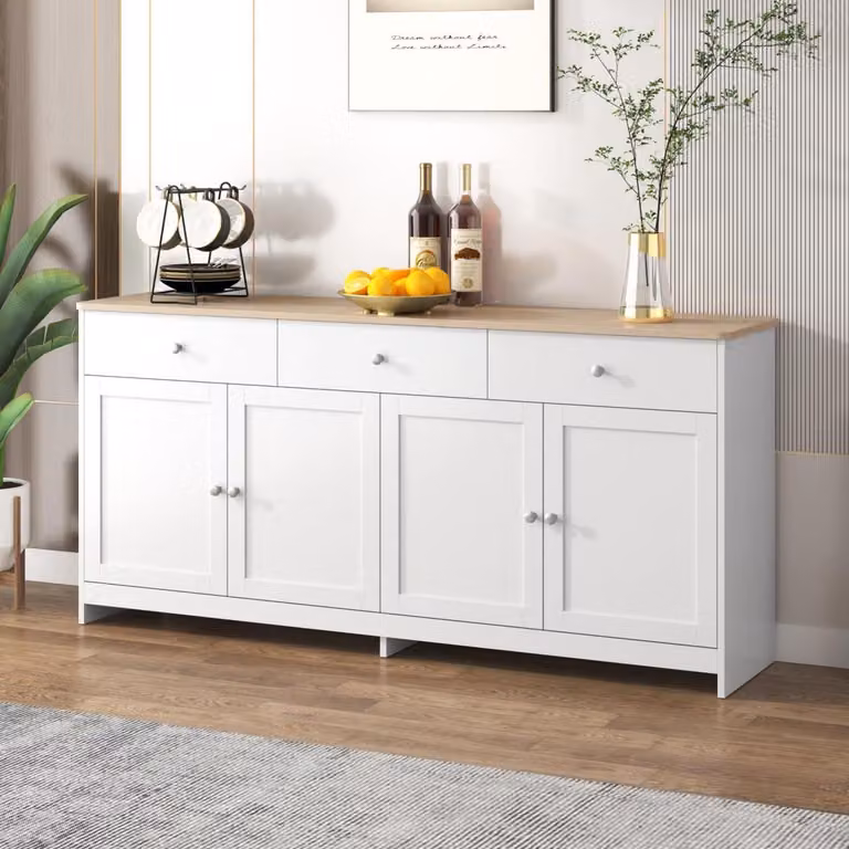 Mobiletto da cucina, credenza con piano di lavoro, 160 cm, bianco, 4 ante, 3 cassetti