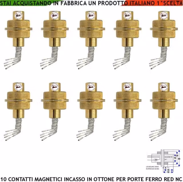Set di 10 sensori magnetici Securvera per allarme porta o cancello, rilevatore a incasso in ottone color oro, contatto reed con campo 20 mm, 4 fili, 2 NA 2 Tamper, protezione IP65