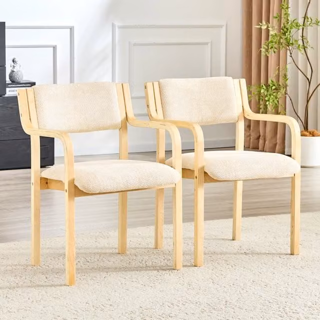 Set di 2 sedie da pranzo OKWISH in legno curvato con braccioli e schienale ergonomico in tessuto boucle bianco stile scandinavo