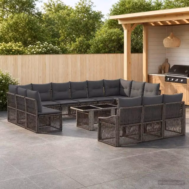 Set Divano da Giardino vidaXL a forma a U in Polyrattan con Tavolino in Vetro, 14 Pezzi, Grigio e Antracite