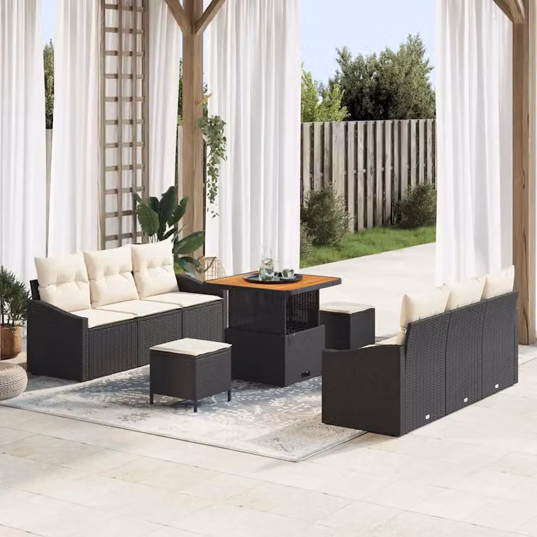 Set Divano da Giardino vidaXL 9 Pezzi con Cuscini Nero in Polyrattan e Acciaio