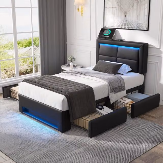 Letto singolo imbottito 90 × 200 cm, 4 cassetti, USB, ricarica senza fili e LED, senza materasso, PU nero