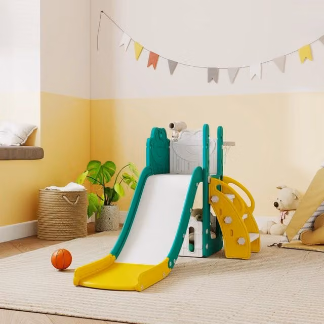 Scivolo per bambini 5 in 1 WISHDOR con canestro, telescopio e box portaoggetti in plastica, giallo, L/P/H: 178 x 86 x 70 cm – 1