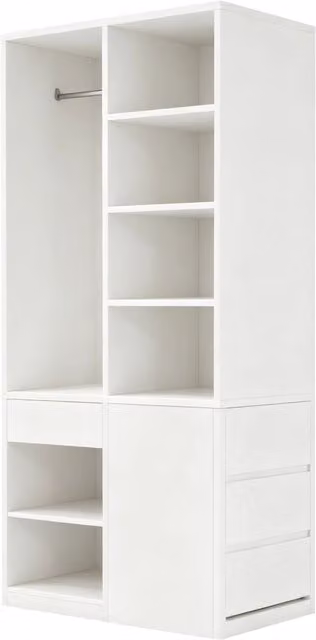 Armadio guardaroba 70x50x170 cm con cassetti; ripiani aperti e appendiabiti in MDF bianco