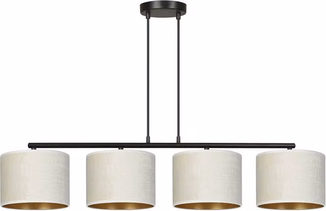 Lampadario a sospensione Vinayaka Luceart-Classic con 4 luci in metallo nero e paralumi in tessuto beige e oro