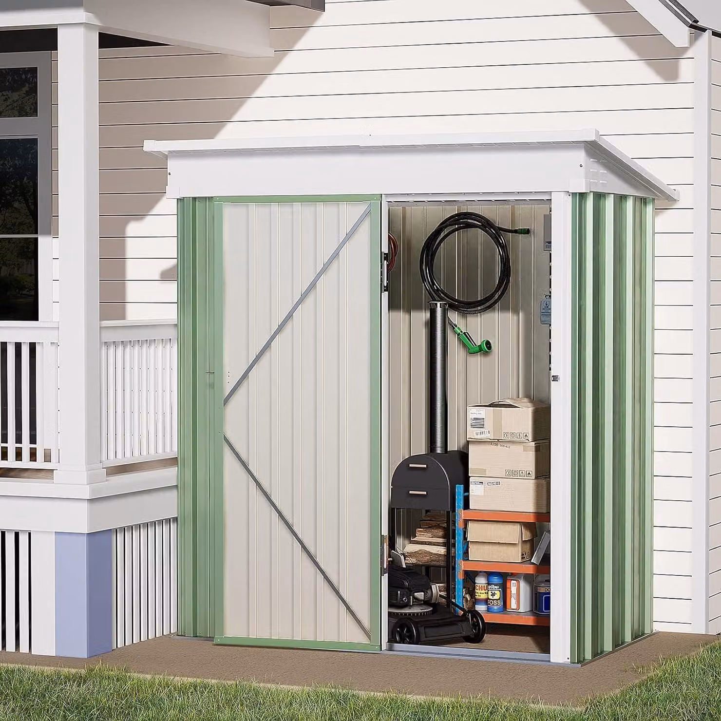Capanno da giardino in metallo con tetto a falda, superficie di 1,5 m², dimensioni 162x92x180 cm, acciaio zincato verde, porta con serratura
