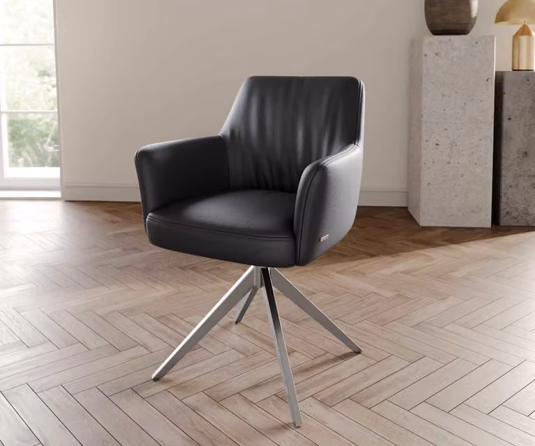 DELIFE Sedia girevole Xana-Flex con braccioli in vera pelle nera, base a croce larga in acciaio inox, girevole a 360°, molleggiatura a molle insacchettate