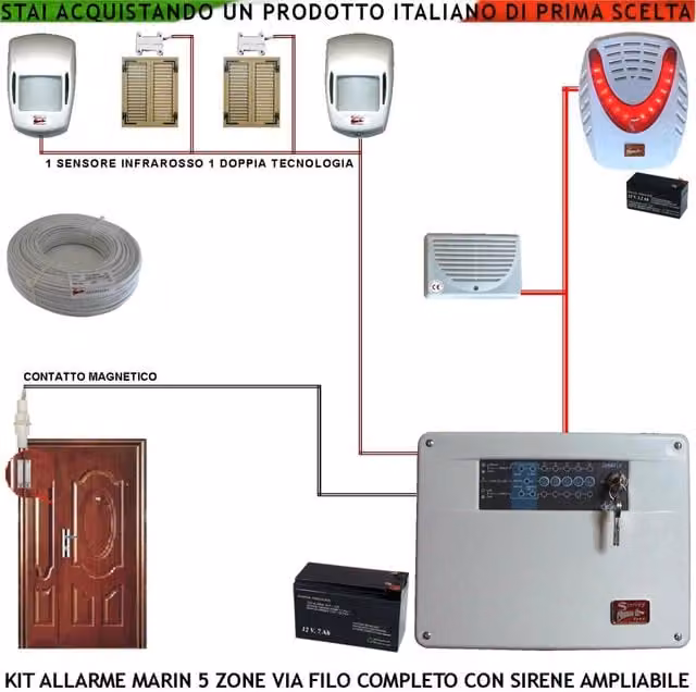 Kit Impianto Antifurto Securvera Marin Centrale a 5 Zone con 2 Sensori di Movimento, 2 Contatti Magnetici, 1 Contatto Magnetico per Infissi Metallici, Sirena Interna ed Esterna Lampeggiante e Cavo 2+4 da 100 MT, Colore Bianco