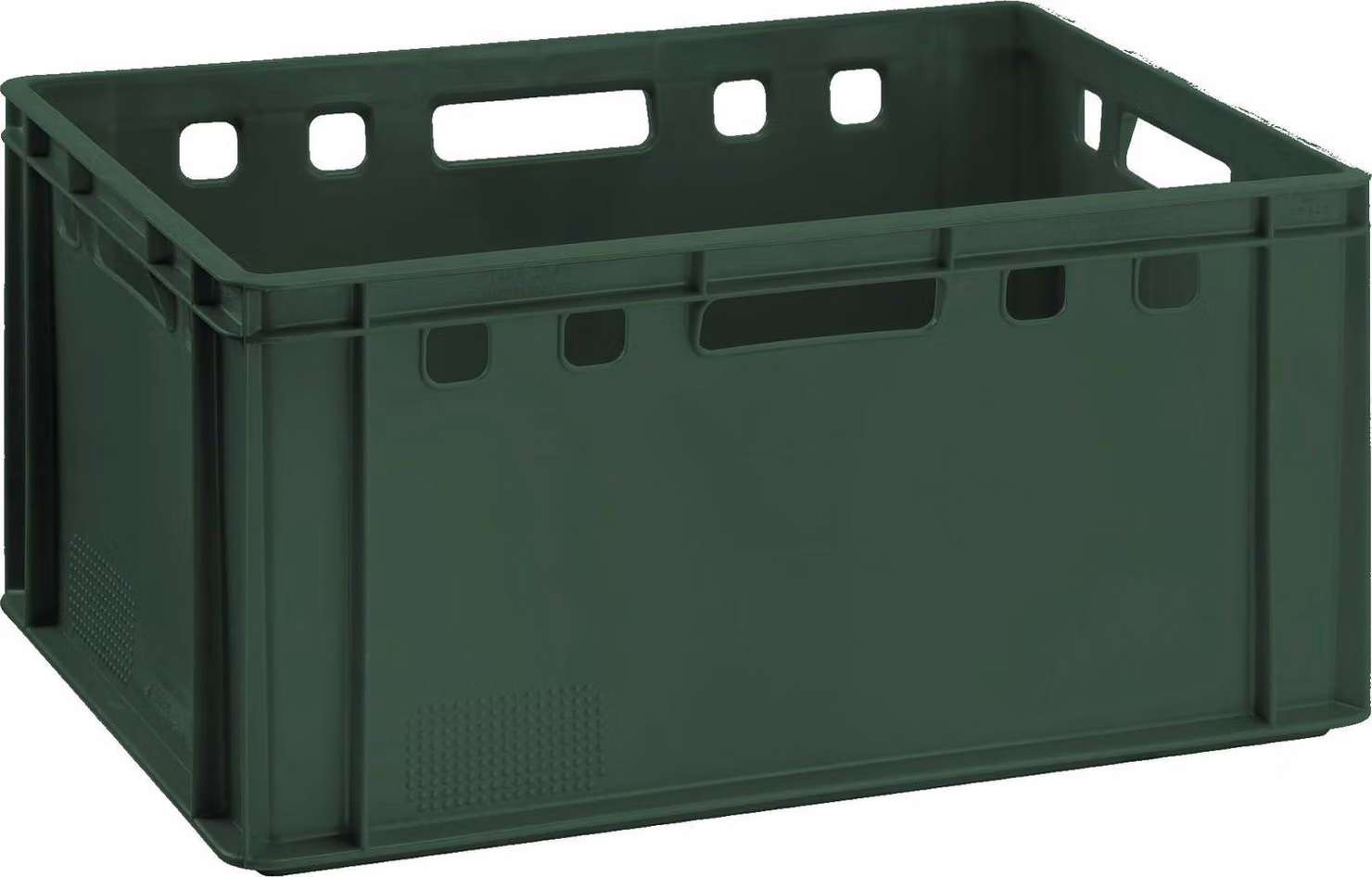 Contenitore in plastica verde scuro, modello E3, dimensioni 60x40x30 cm. Contenitore di stoccaggio Eurobox alto, prodotto in Germania, adatto al contatto con alimenti, robusto e impilabile