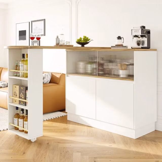 MOBILE BAR REDOM Bianco con Ripiani, Vetro e Piano Girevole 360°, L: 90 cm, P: 45 cm, H: 100 cm