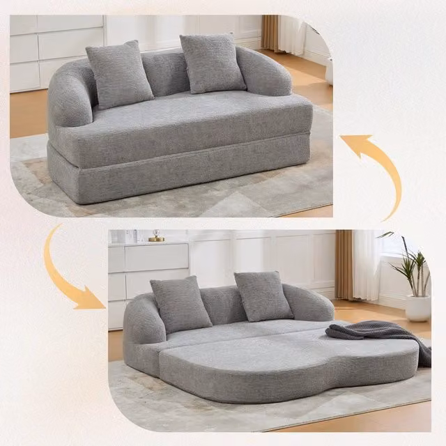 Divano letto 2 posti ¨C Minimal ¨C Chenille grigio chiaro con cuscini