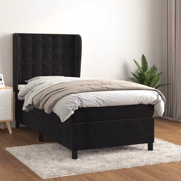 vidaXL Giroletto a Molle con Materasso Ibrido in Velluto Nero L/P/H: 90 x 200 x 128 cm