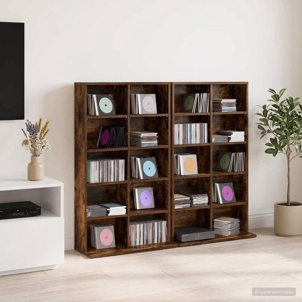 Set di 2 mobili porta CD vidaXL Rovere Fumo con ripiani regolabili, L 65 cm x P 23,5 cm x H 97,5 cm