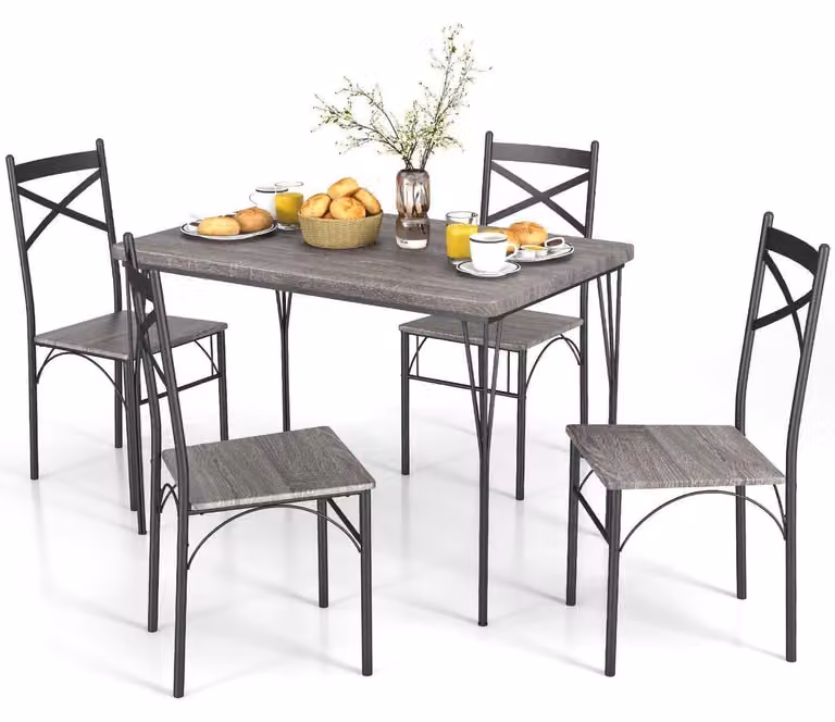 Set da pranzo completo, composto da un tavolo e 4 sedie, con struttura in metallo, piano in MDF, dimensioni 110x70 cm