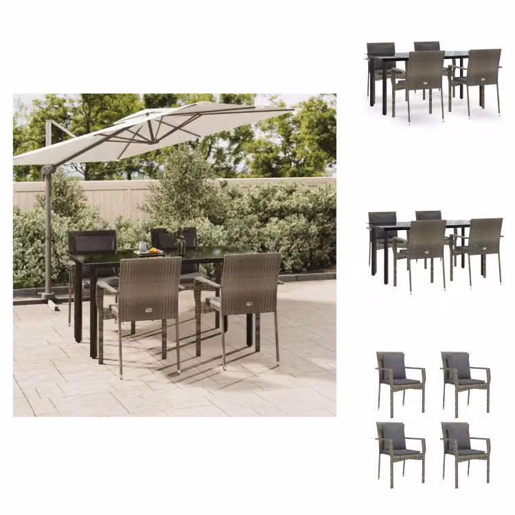 vidaXL Set da pranzo da giardino 5 pezzi con cuscini in poly rattan nero e grigio - Set di mobili da giardino