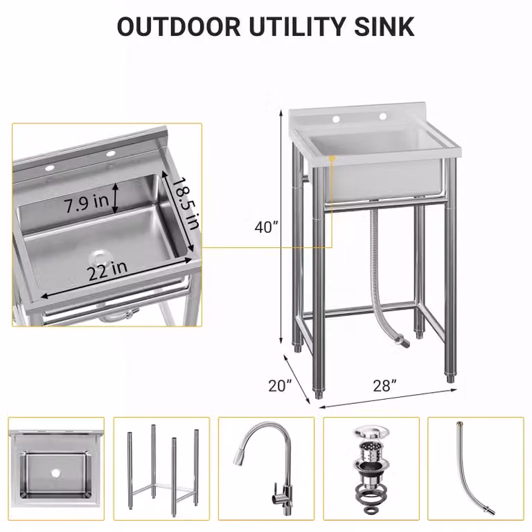 Lavello indipendente – lavello per uso professionale (ristorazione e officina) – acciaio inossidabile 304 – vasca singola – 1 foro per rubinetto – schienale – piedi regolabili – 53 x 53 x 84 cm