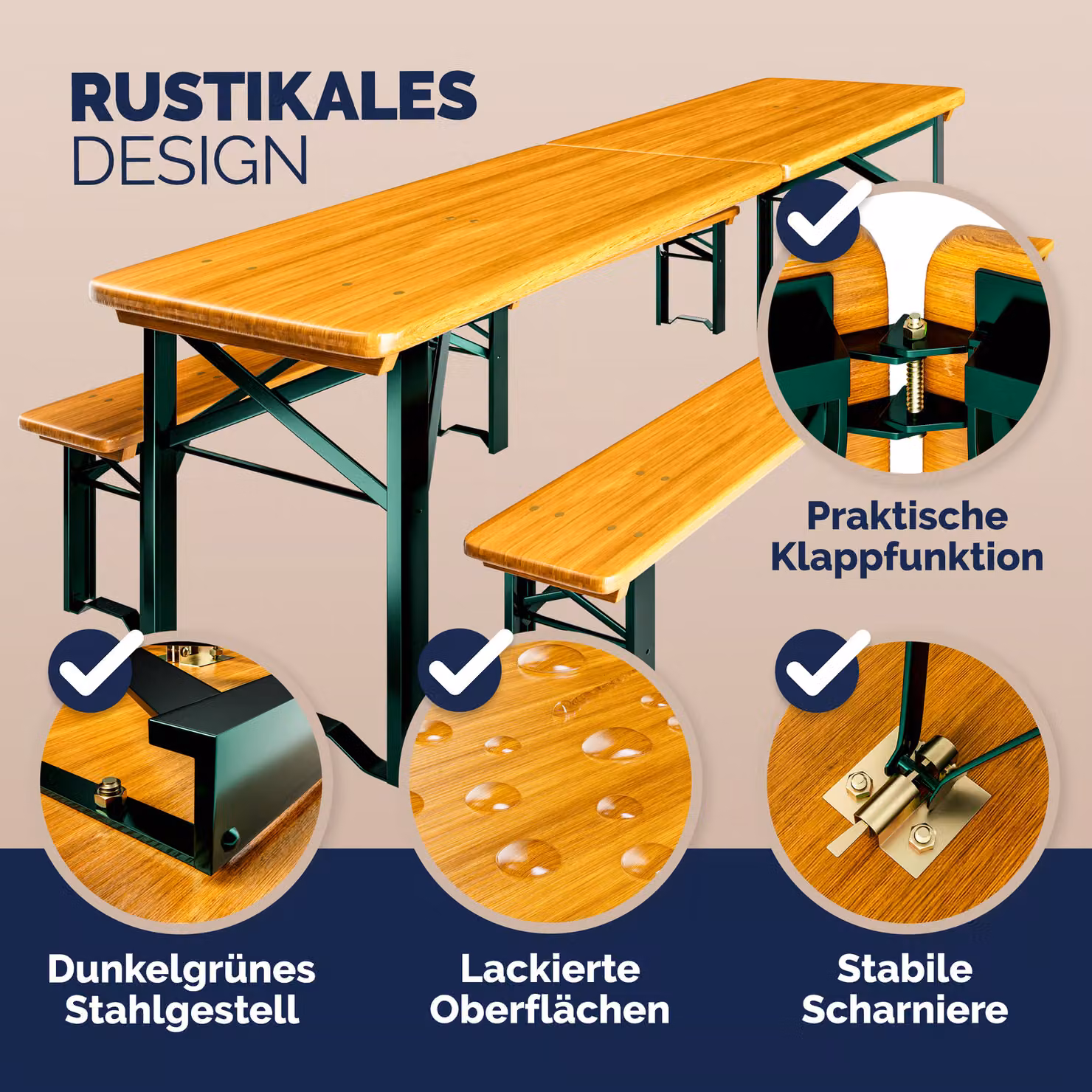 Set tavolo e panche da birreria Casaria in legno massiccio marrone, pieghevole, per 10 persone, L: 220 cm – 2