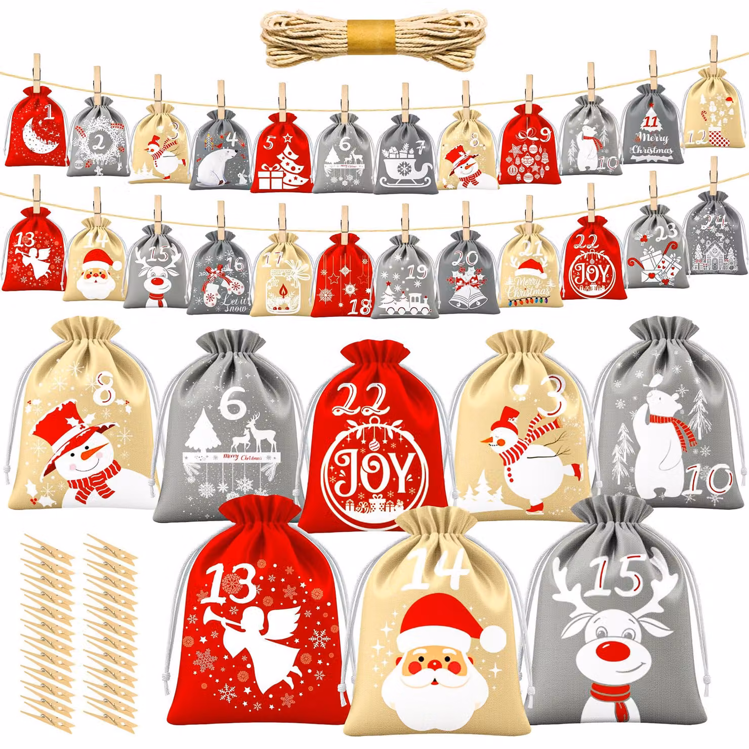 Calendario dell'Avvento da riempire, 24 sacchetti di tessuto, 13x18 cm, colore rosso