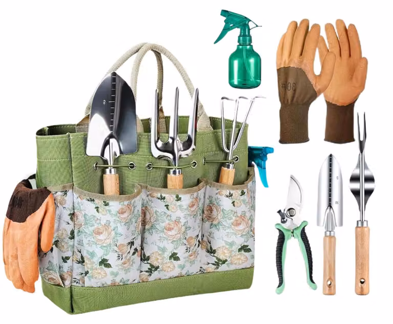 Set di attrezzi da giardino con manici in legno, ideale per potare e scavare
