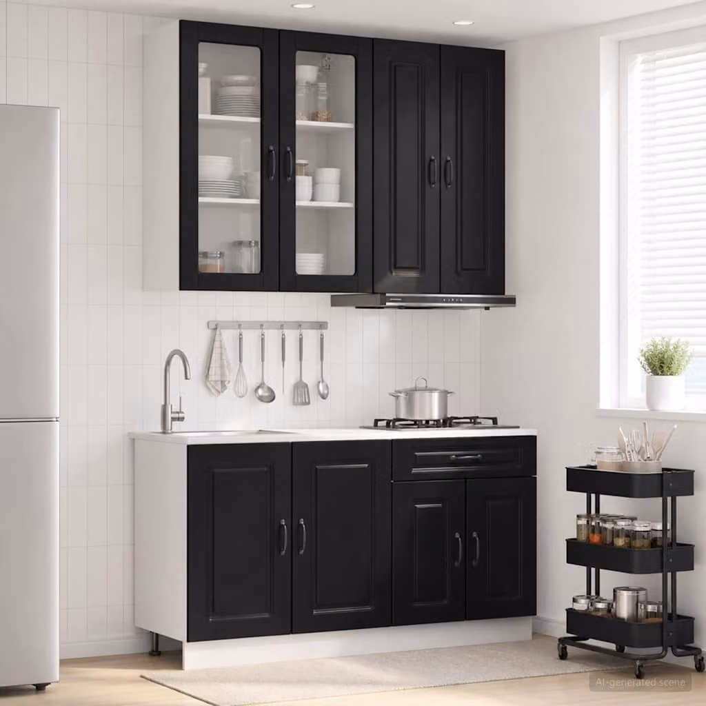 Set di unità cucina moderna vidaXL KALMAR in 4 pezzi, colore nero opaco, in MDF con ante a vetro e ripiani interni