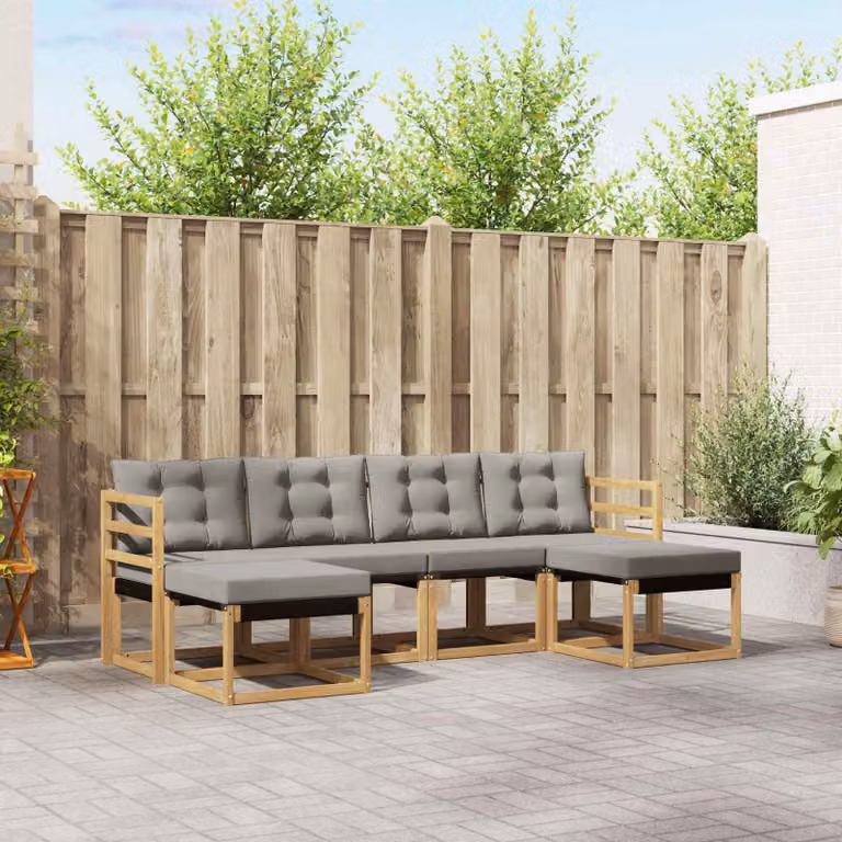 vidaXL Set di divani da esterno a forma di U composto da 6 pezzi in legno di acacia con cuscini in textilene, Bianco, Grigio e Marrone