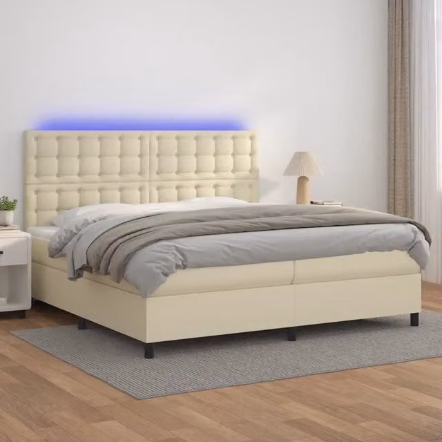 Letto a Molle Ibrido vidaXL con Materasso, Illuminazione LED e Porte USB, Beige e Bianco, L/P: 200 x 200 cm