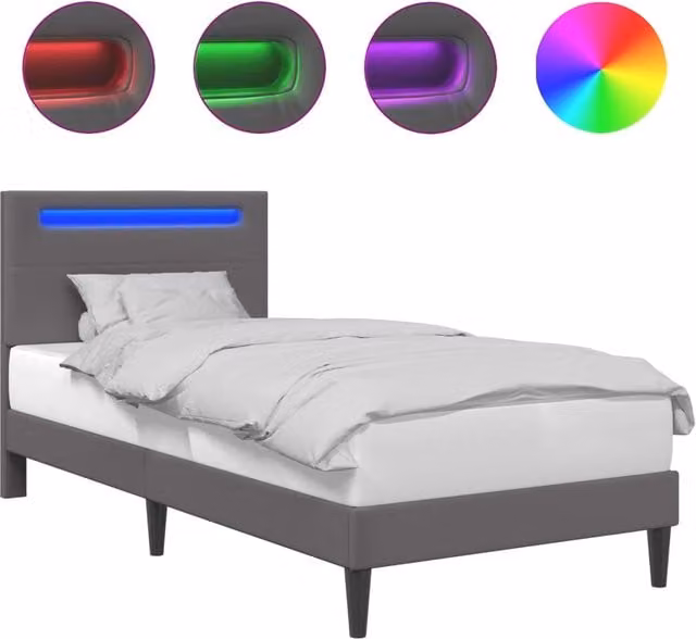 Letto singolo moderno con testiera in similpelle grigio e porta di ricarica USB, L/P/H: 100 x 200 x 104 cm